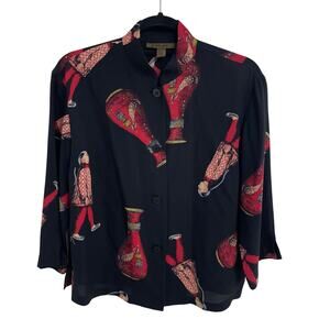 HARARI Pure Silk Button Front Chinoiserie Vase People Print Top Black Red Small